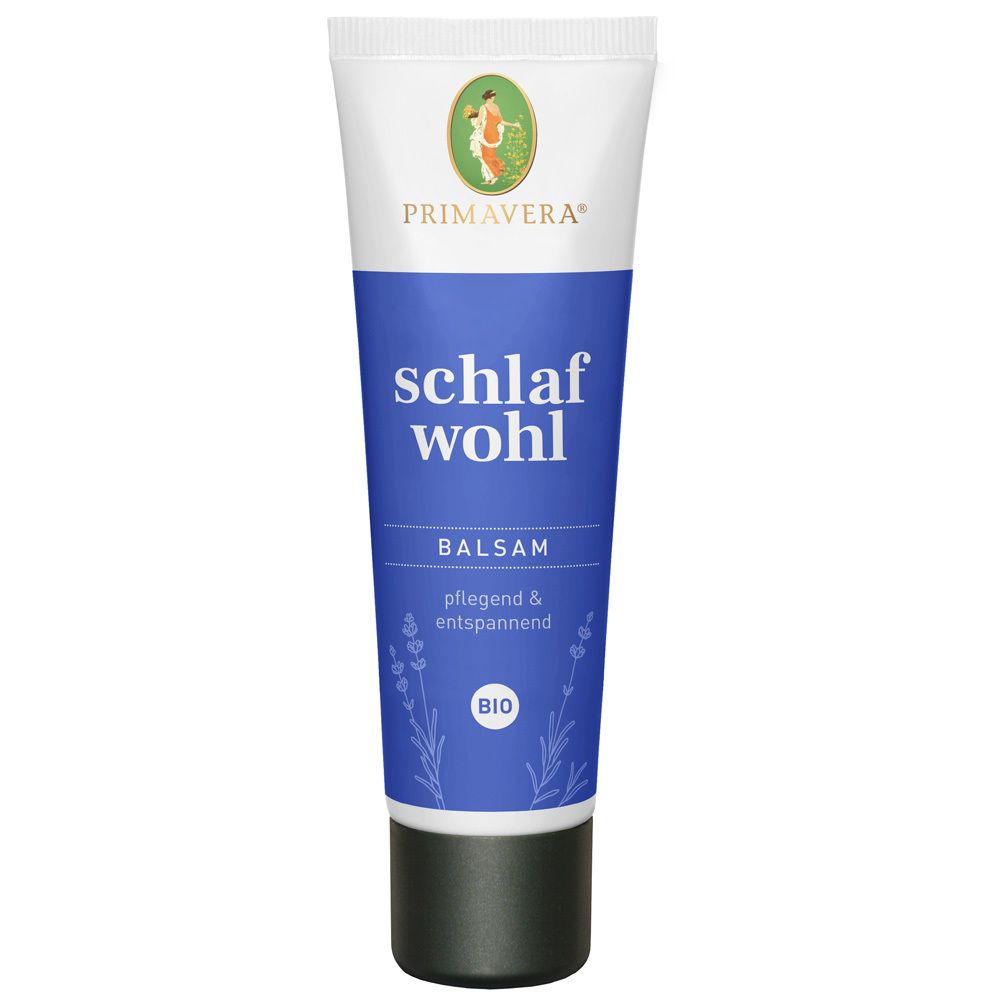 Creme-Tube mit blauem Etikett. Aufschrift: schlaf wohl, Balsam, pflegend & entspannend. Bio-Siegel und Primavera-Logo.