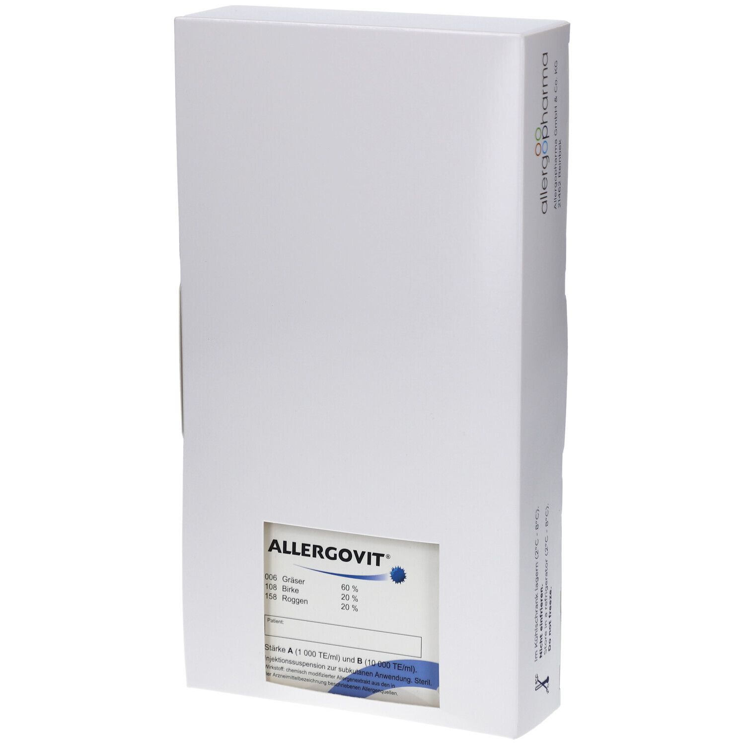 Weiße Produktverpackung mit ALLERGOVIT-Logo und Inhaltsangaben. Enthält Gräser, Birke und Roggen. Herstellerlogo.