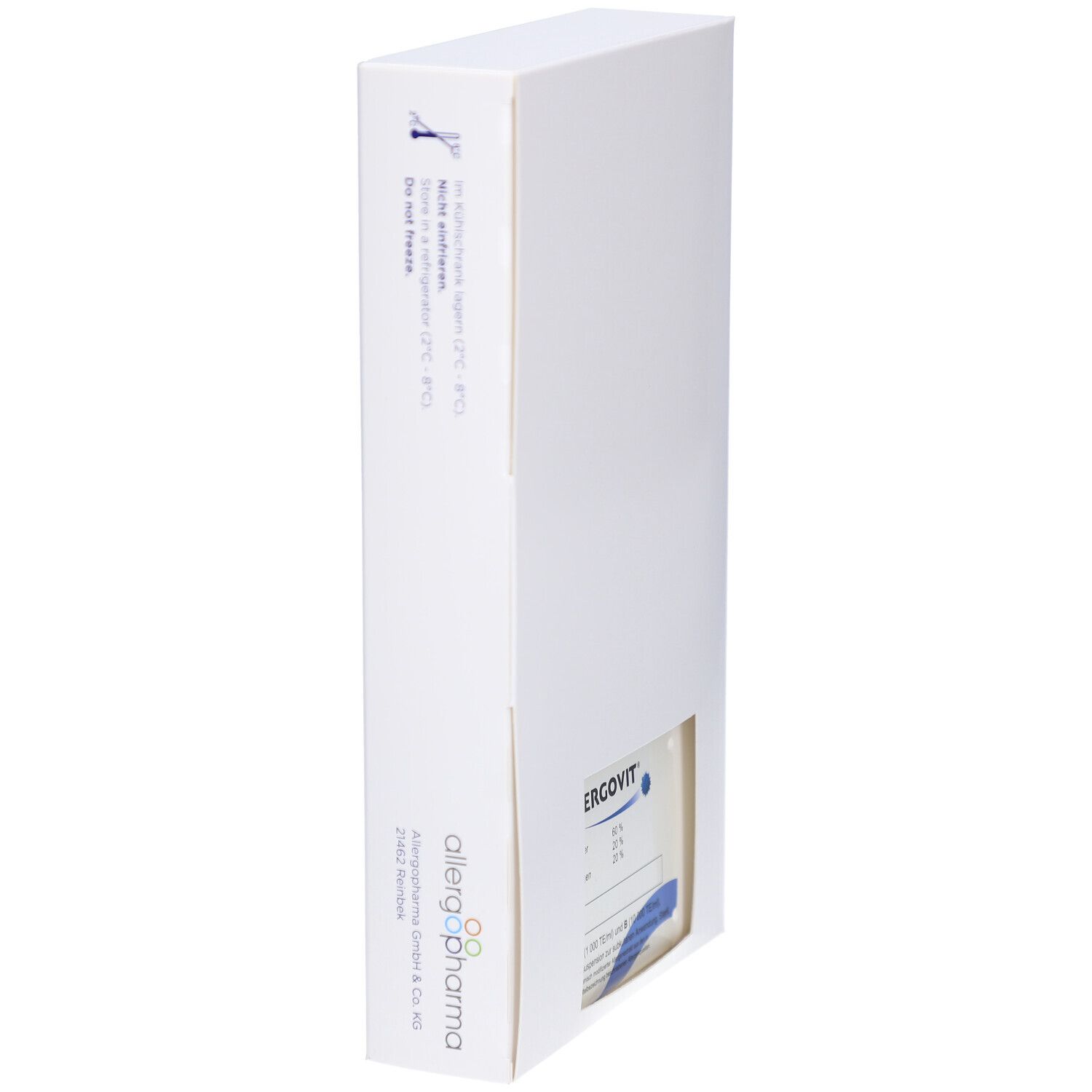 Weiße Produktverpackung mit Sichtfenster. Herstellerlogo und Informationen. Lagerungshinweise auf der Seite.
