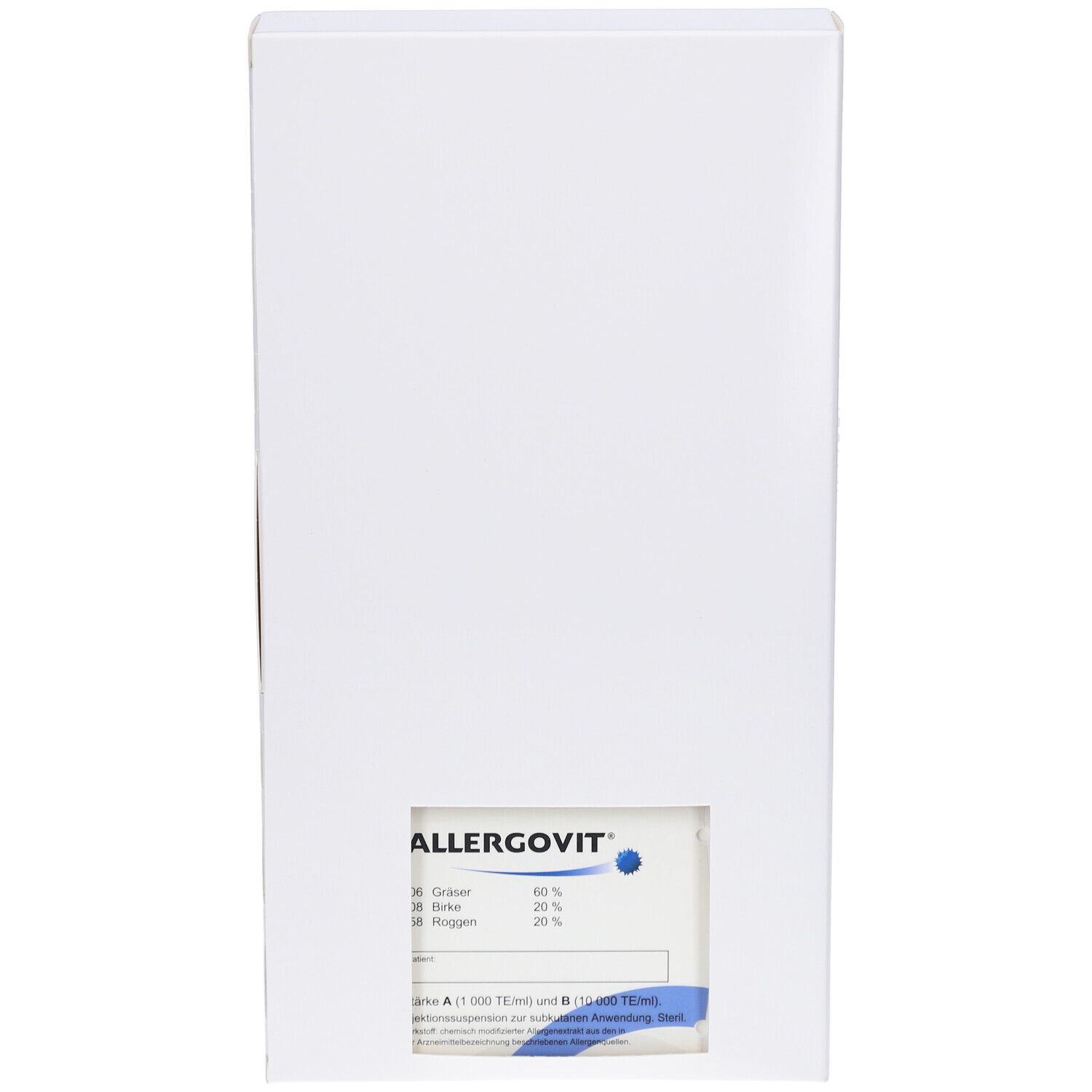Weiße Produktverpackung mit ALLERGOVIT-Logo und Inhaltsangaben. Enthält Gräser, Birke und Roggen. Herstellerlogo.