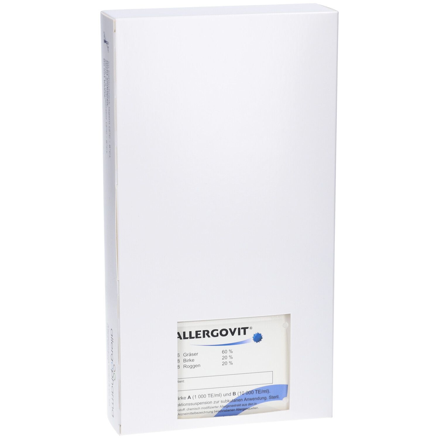Weiße Produktverpackung mit ALLERGOVIT-Logo und Inhaltsangaben. Enthält Gräser, Birke und Roggen. Herstellerlogo.