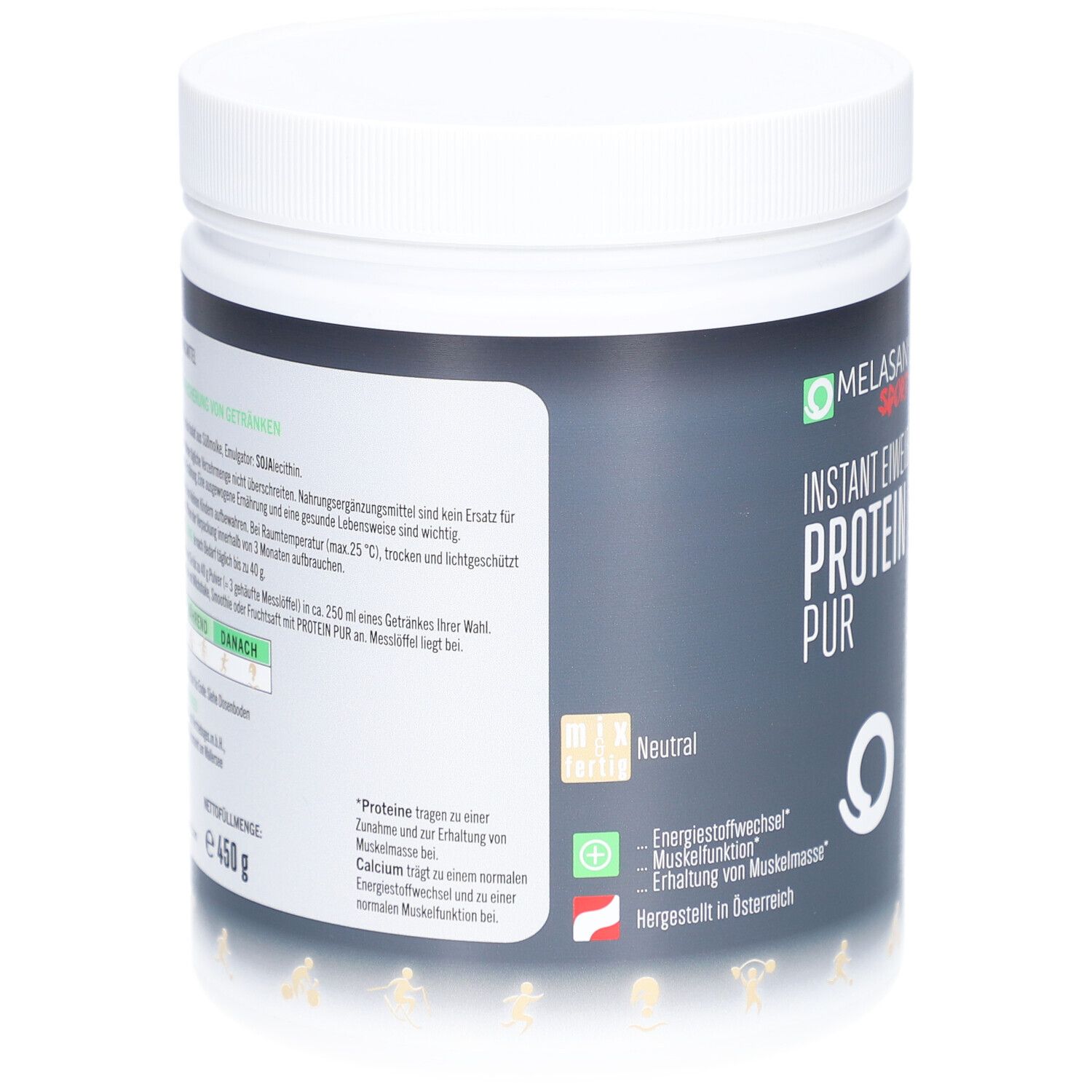 Weißer Behälter mit schwarzem Etikett. Aufschrift: Melasan Sport, Instant Eiweißpulver Protein Pur. Enthält Calcium. Hergestellt in Österreich.