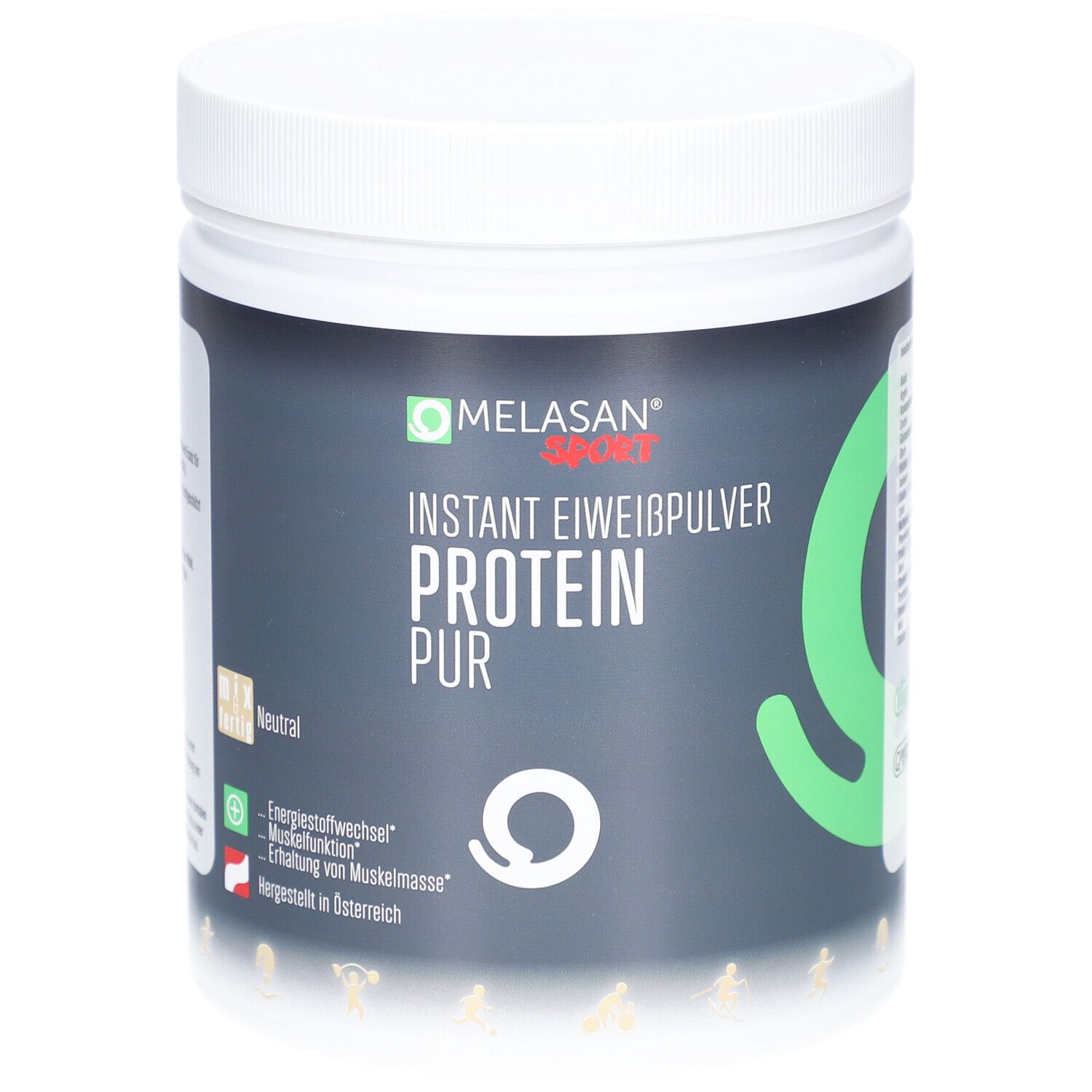 Weißer Behälter mit schwarzem Etikett. Aufschrift: Melasan Sport, Instant Eiweißpulver Protein Pur. Neutral. Grün-weißes Logo.