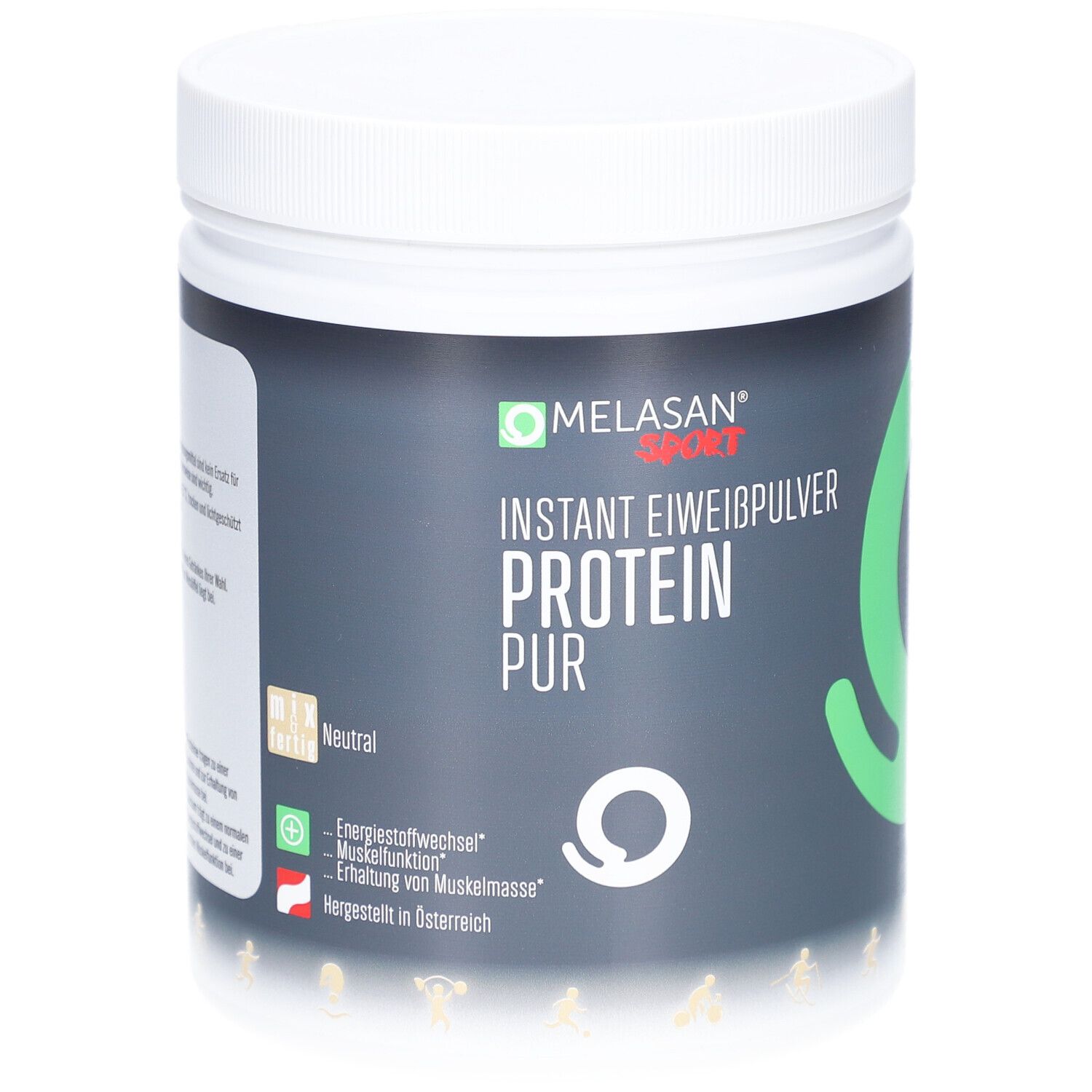 Weißer Behälter mit schwarzem Etikett. Aufschrift: Melasan Sport, Instant Eiweißpulver Protein Pur. Neutral. Hergestellt in Österreich.