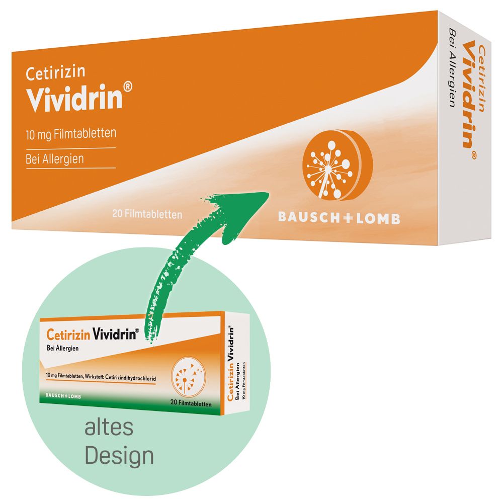 Vergleich von Cetirizin Vividrin®-Packungen. Aktuelles und älteres Design. Orange-weiße Schachtel mit Produktinformationen.