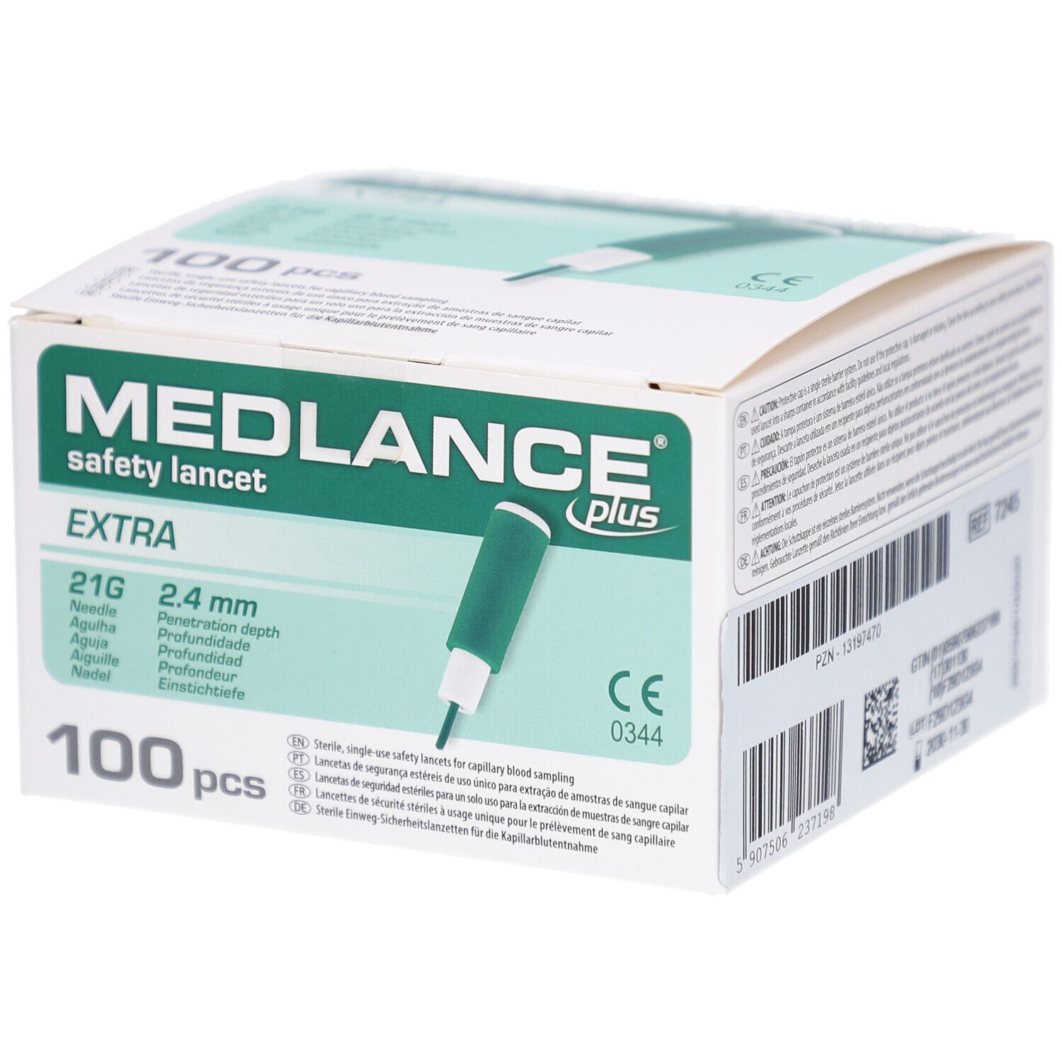 Verpackung von MEDLANCE plus Extra Sicherheitslanzetten. 100 Stück. Grüne Lanzette abgebildet. 21G, 2,4 mm. CE-Kennzeichnung.
