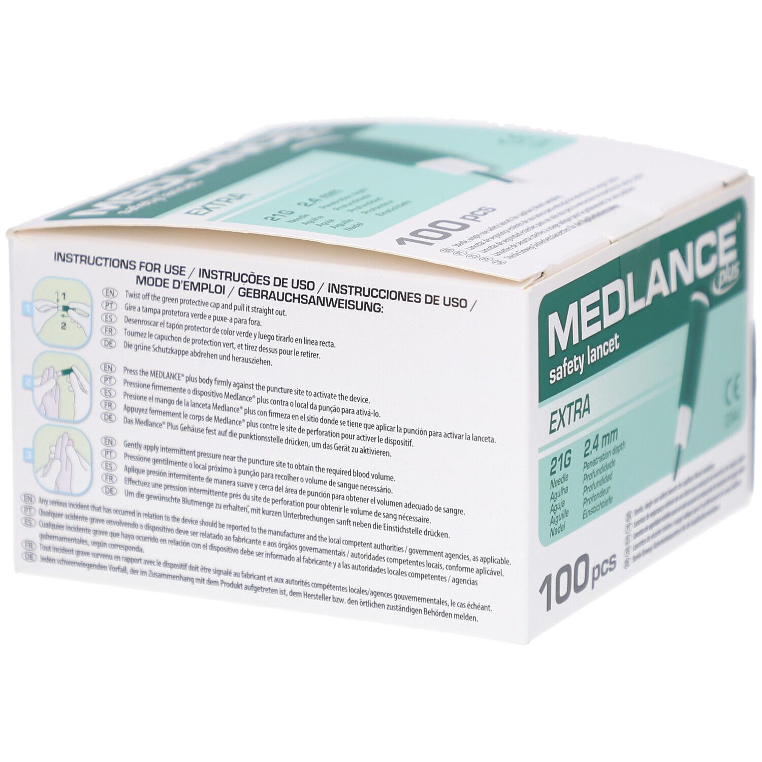 Verpackung von MEDLANCE plus. Anweisungen zur Verwendung. 100 Stück. Grüne Lanzette abgebildet. 21G, 2,4 mm. CE-Kennzeichnung.