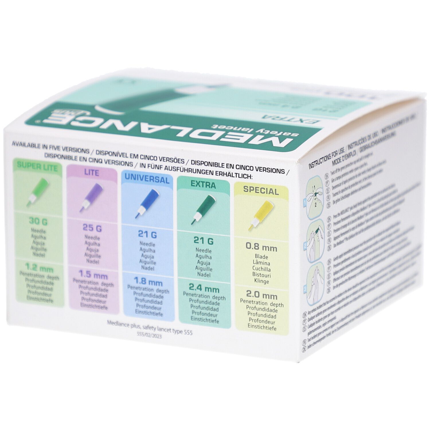 Verpackung von MEDLANCE plus. Fünf Varianten abgebildet: Super Lite, Lite, Universal, Extra, Special. 21G, 2,4 mm. CE-Kennzeichnung.