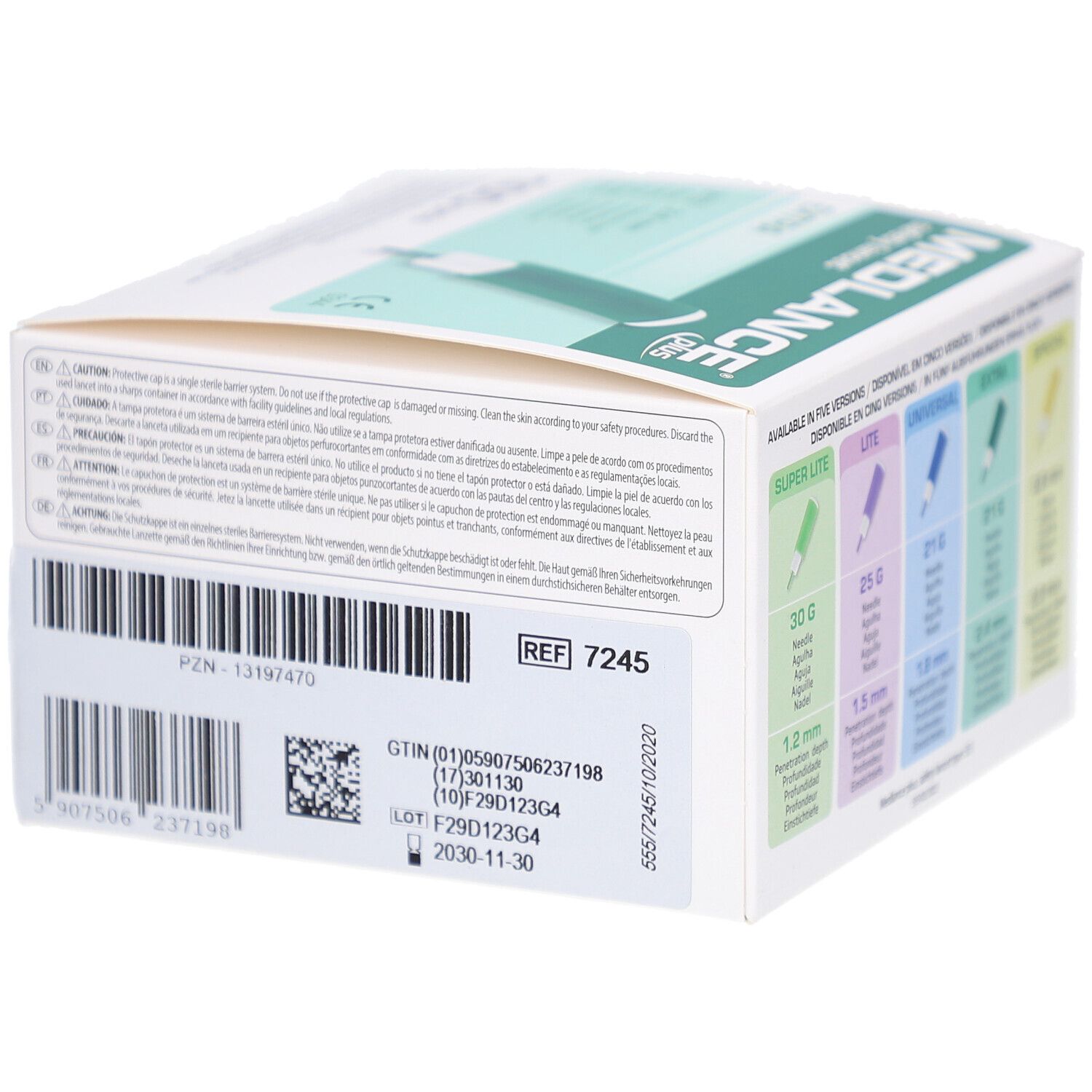 Rückseite der MEDLANCE plus Verpackung. Produktinformationen, Chargennummer, Verfallsdatum. 21G, 2,4 mm. CE-Kennzeichnung.