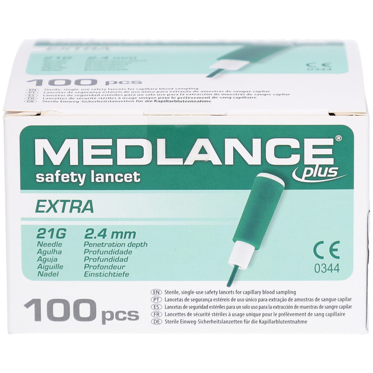 Verpackung von MEDLANCE plus Extra Sicherheitslanzetten. 100 Stück. Grüne Lanzette abgebildet. 21G, 2,4 mm. CE-Kennzeichnung.