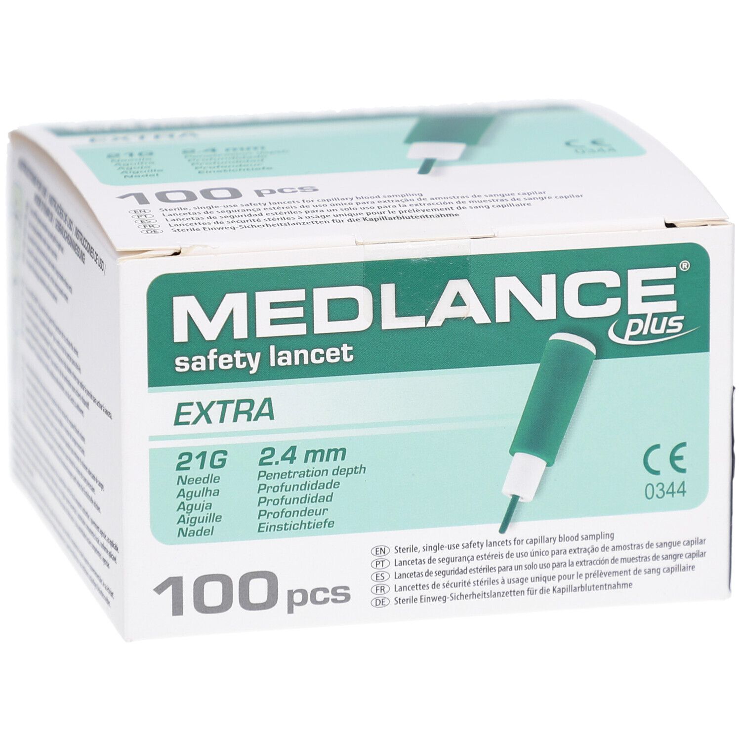 Verpackung von MEDLANCE plus Extra Sicherheitslanzetten. 100 Stück. Grüne Lanzette abgebildet. 21G, 2,4 mm. CE-Kennzeichnung.