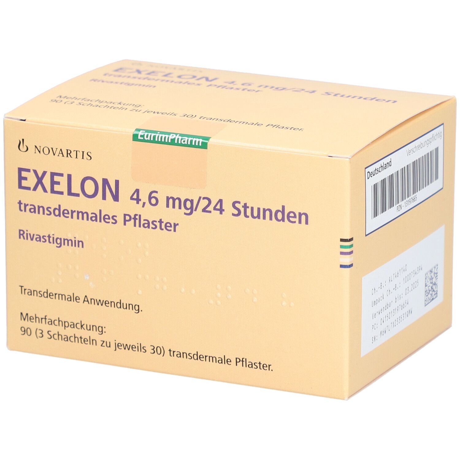 EXELON 4,6 mg/24 Stunden transdermales Pflaster. Verpackung mit Produktinformationen und Barcode.