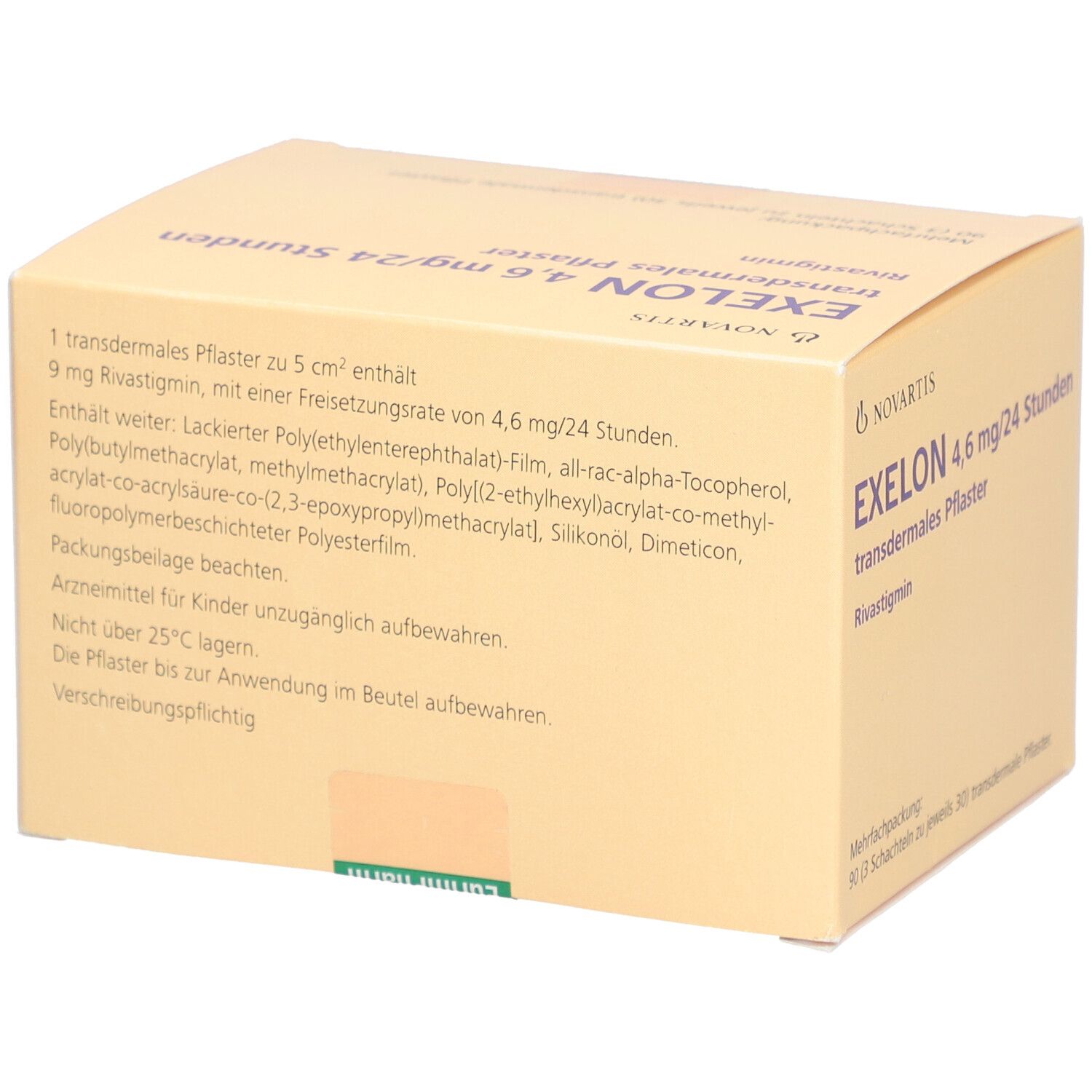 EXELON 4,6 mg/24 Stunden transdermales Pflaster. Verpackung mit Produktinformationen.