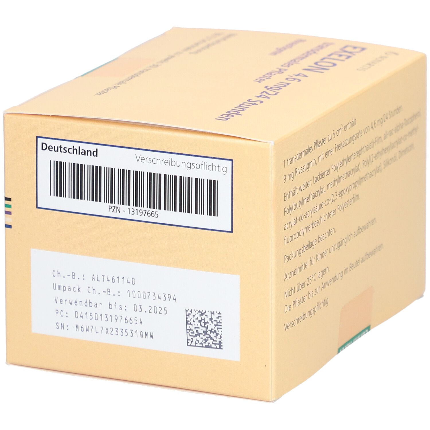 EXELON 4,6 mg/24 Stunden transdermales Pflaster. Verpackung mit Produktinformationen und Barcode.