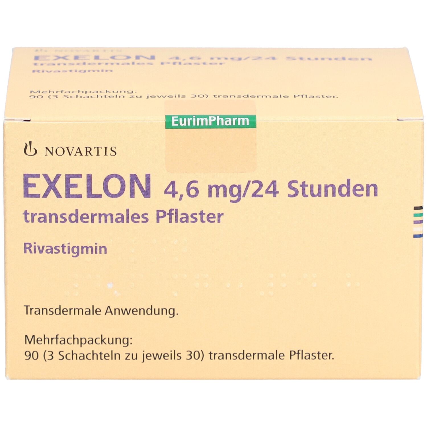 EXELON 4,6 mg/24 Stunden transdermales Pflaster. Verpackung mit Produktinformationen.