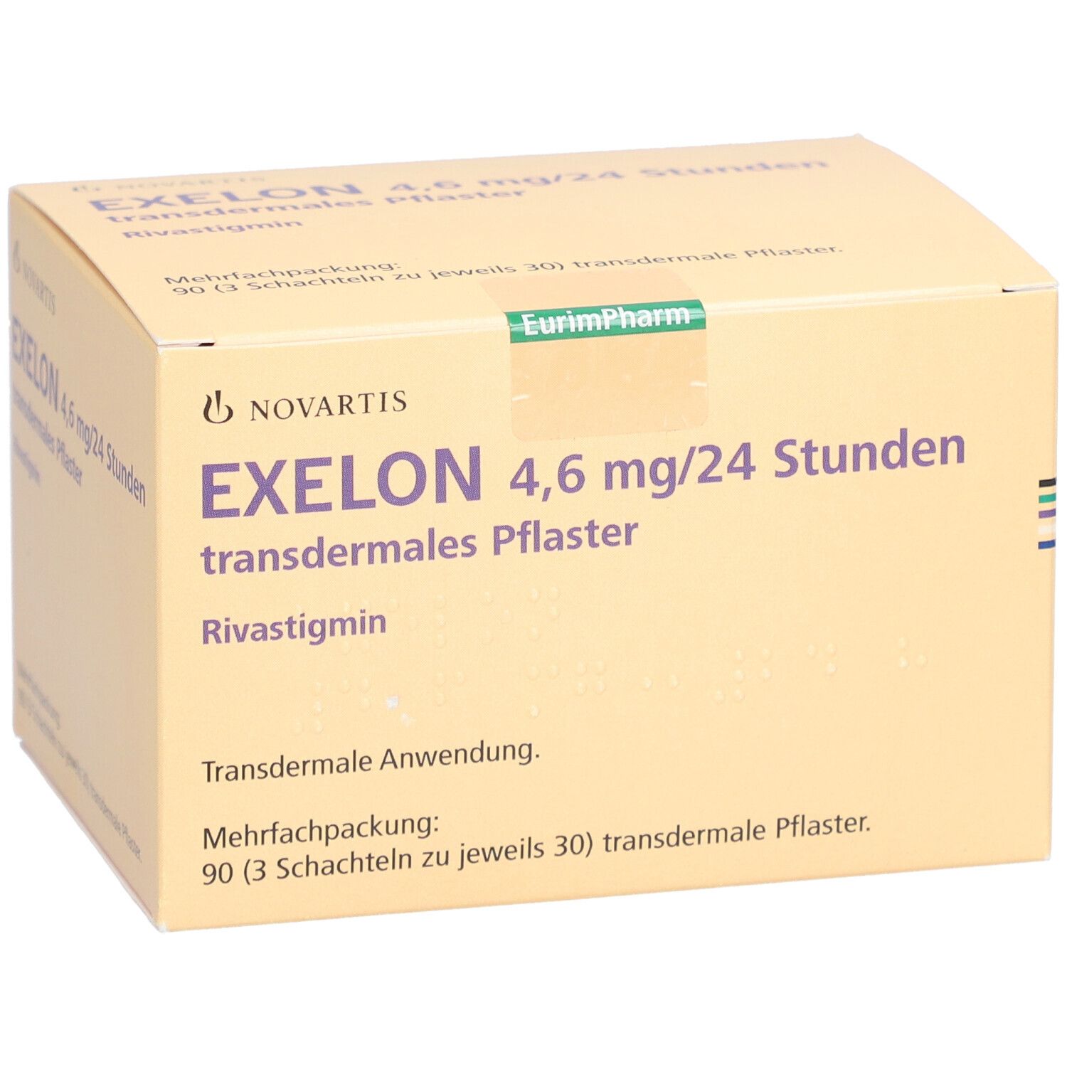 EXELON 4,6 mg/24 Stunden transdermales Pflaster. Verpackung mit Produktinformationen.