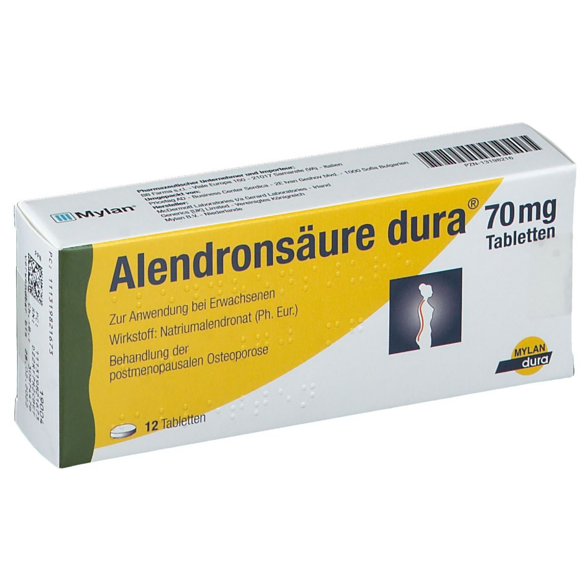 Schachtel mit Alendronsäure dura 70 mg Tabletten. Aufdrucke: Name, Dosierung, Indikation, 12 Tabletten, Mylan dura Logo.