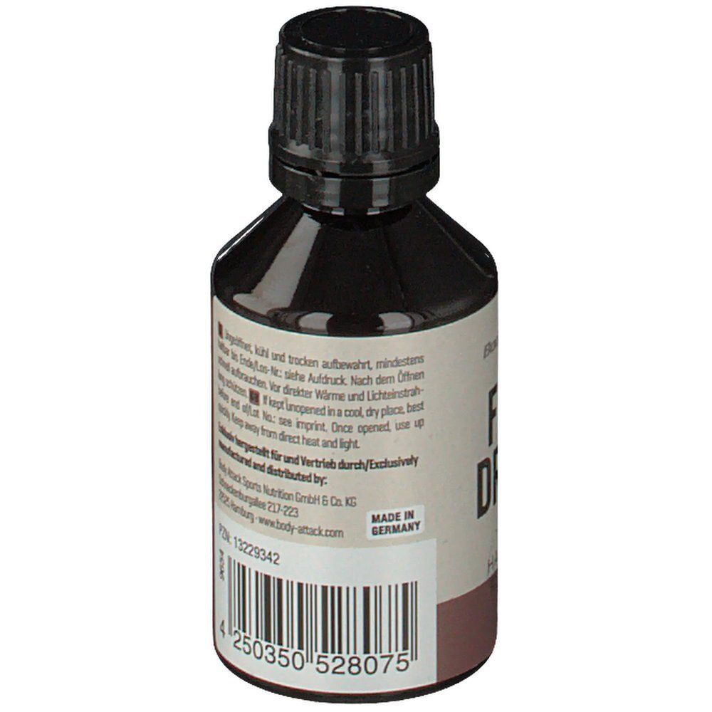 Rückseite der Flasche. Text in deutscher und englischer Sprache. Barcode und Herkunftsland: Made in Germany.