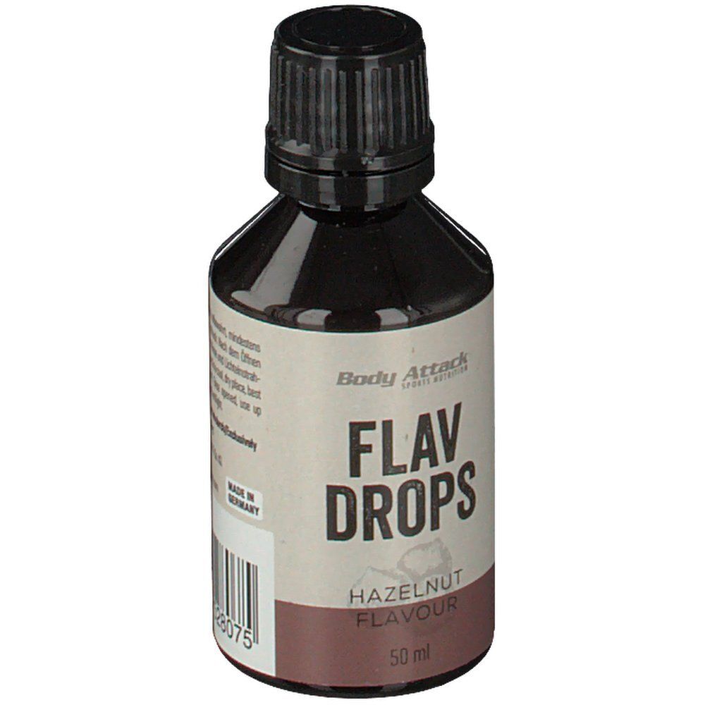 Braune Flasche mit schwarzem Deckel. Aufschrift: Body Attack Flav Drops Hazelnut Flavour. 50 ml. Made in Germany.
