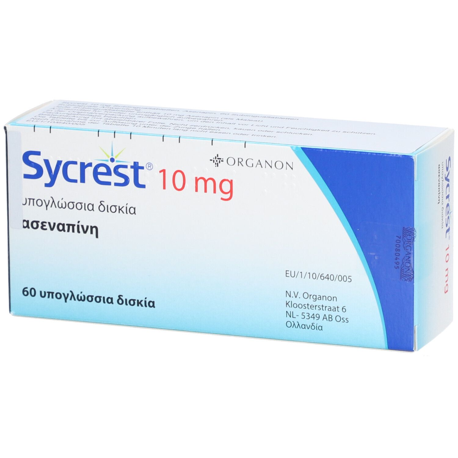 Schachtel mit SYCREST 10 mg Sublingualtabletten. Blaue und weiße Verpackung mit Produktnamen und Dosierung. Enthält 60 Tabletten.