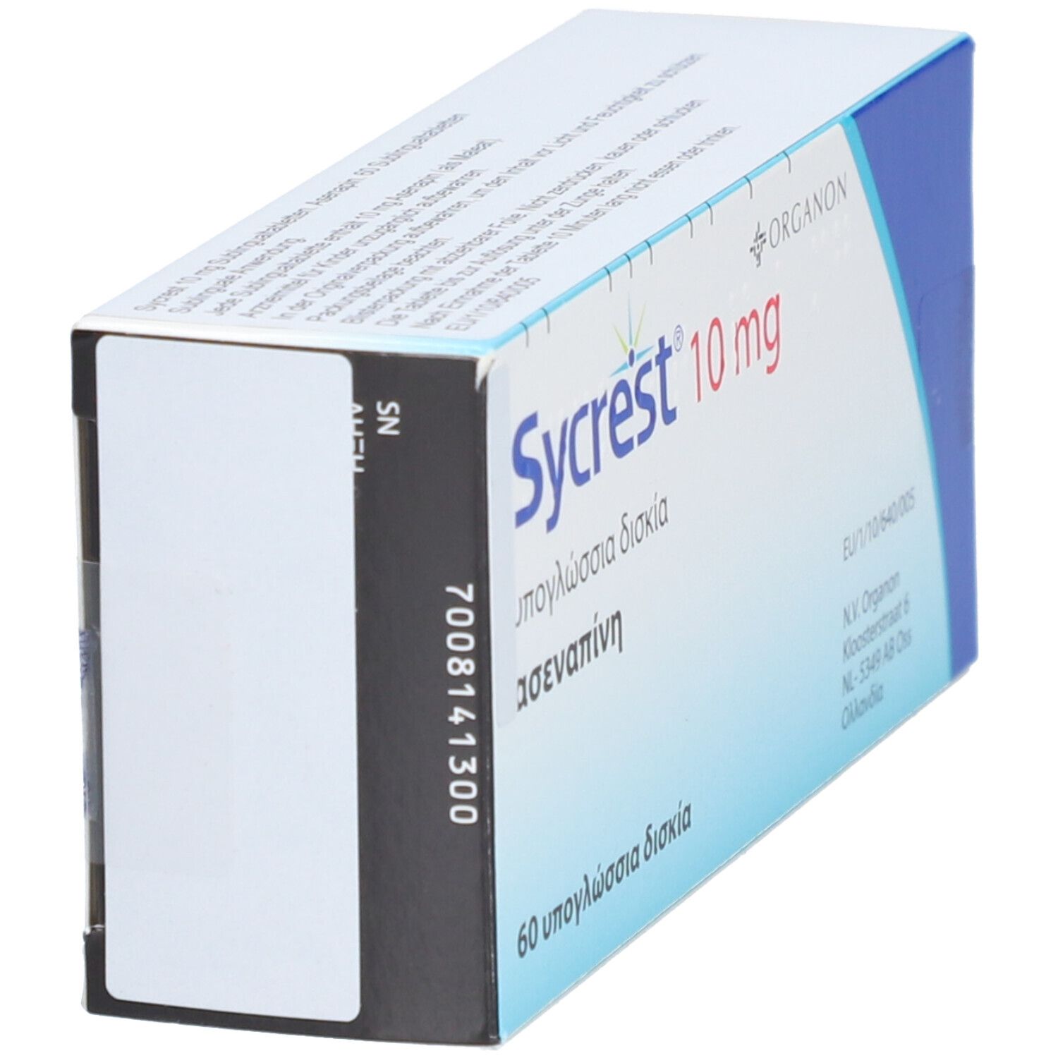 Schachtel mit SYCREST 10 mg. Seitenansicht. Produktname und Dosierung auf blau-weißer Verpackung. Enthält 60 Tabletten.