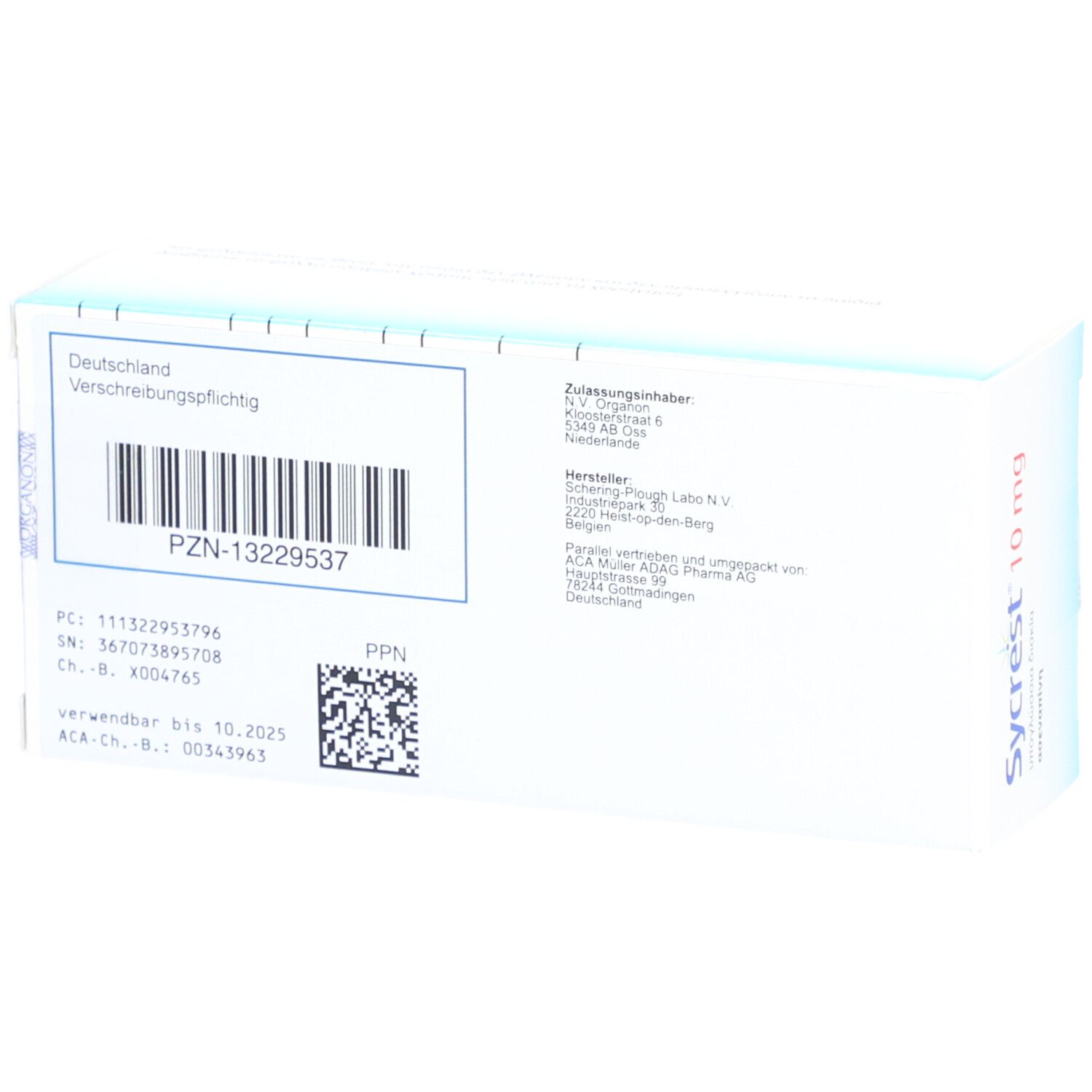 Rückseite der SYCREST 10 mg Schachtel. Enthält Informationen wie Hersteller, Chargennummer und Verfallsdatum. Mit Barcode.