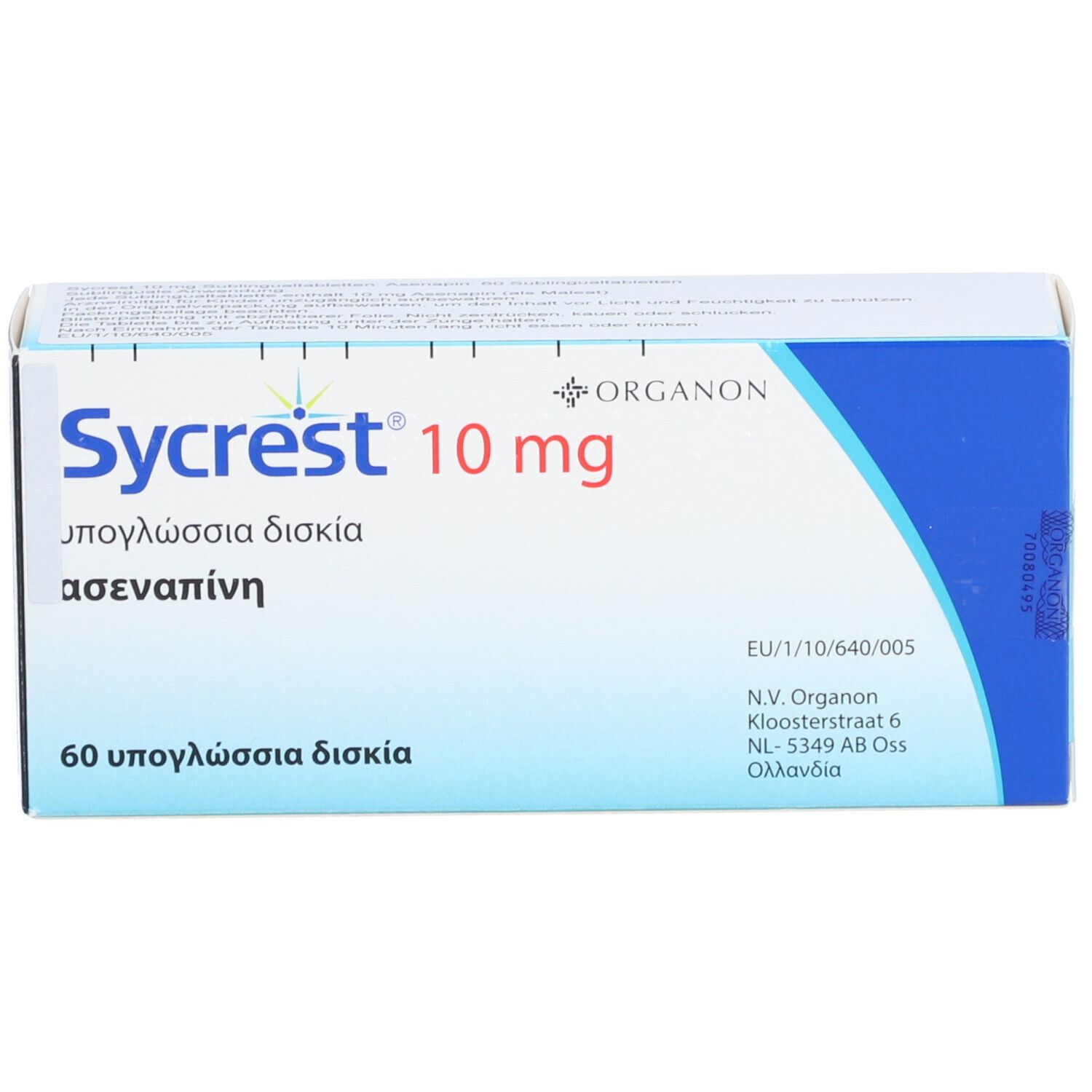 Schachtel mit SYCREST 10 mg Sublingualtabletten. Blaue und weiße Verpackung mit Produktnamen und Dosierung. Enthält 60 Tabletten.
