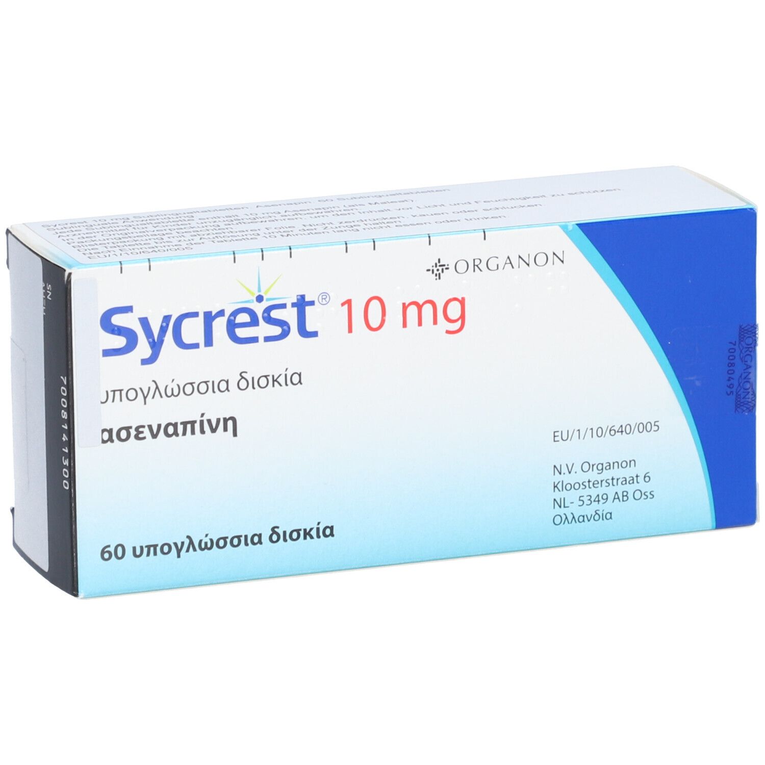 Schachtel mit SYCREST 10 mg Sublingualtabletten. Blaue und weiße Verpackung mit Produktnamen und Dosierung. Enthält 60 Tabletten.
