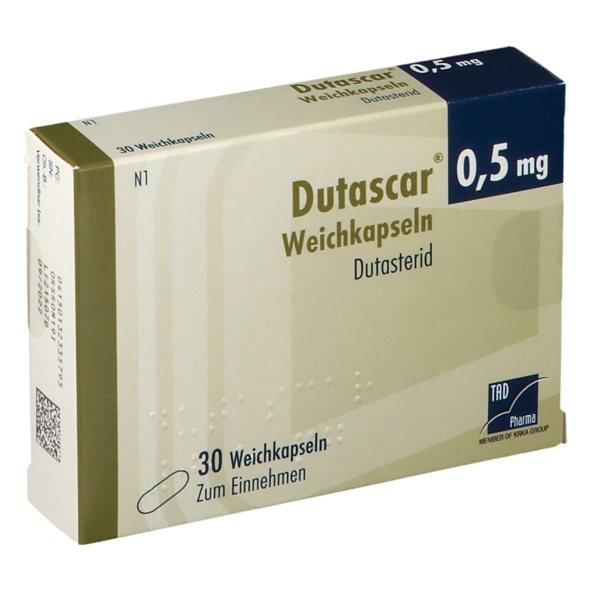 Dutascar 0,5 mg Weichkapseln. Packung mit 30 Kapseln. Aufschrift: Dutasterid.