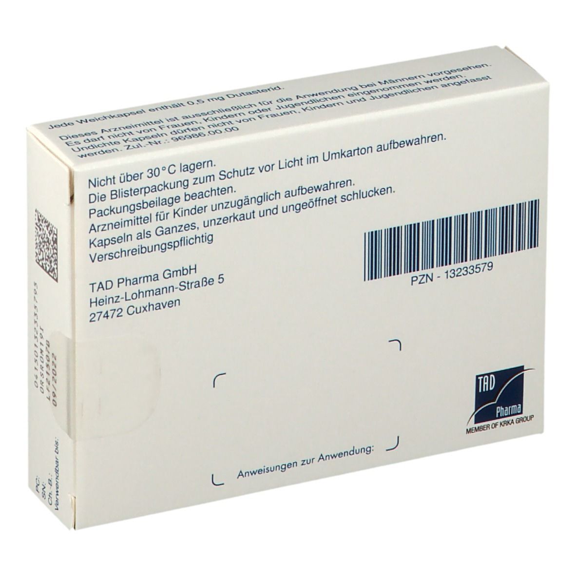 Rückseite der Dutascar 0,5 mg Packung. Enthält Informationen und Barcode.