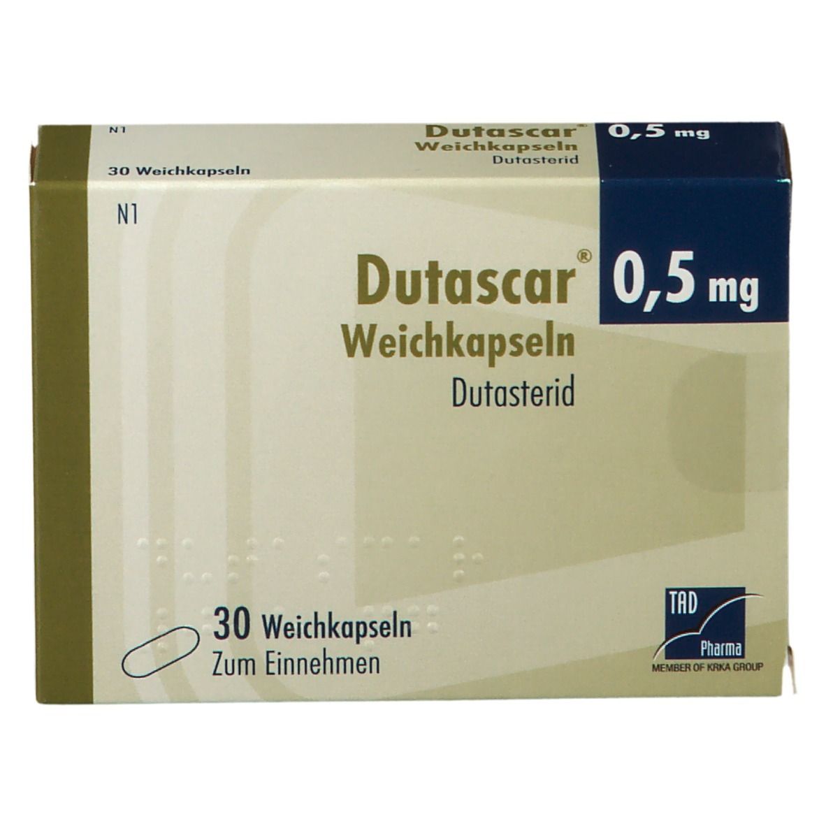 Dutascar 0,5 mg Weichkapseln. Packung mit 30 Kapseln. Aufschrift: Dutasterid.