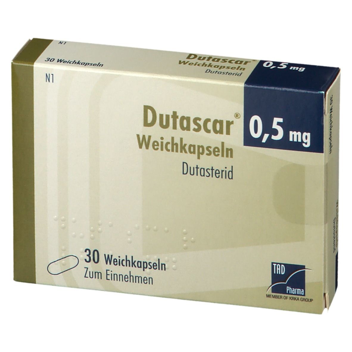 Dutascar 0,5 mg Weichkapseln. Packung mit 30 Kapseln. Aufschrift: Dutasterid.