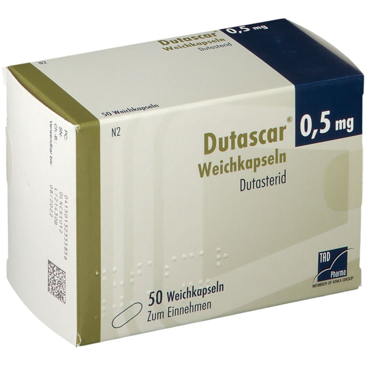 Dutascar 0,5 mg Weichkapseln-Packung. Enthält 50 Kapseln. Aufdruck: Dutascar, 0,5 mg, Weichkapseln, Dutasterid. Mit TRD Pharma-Logo.