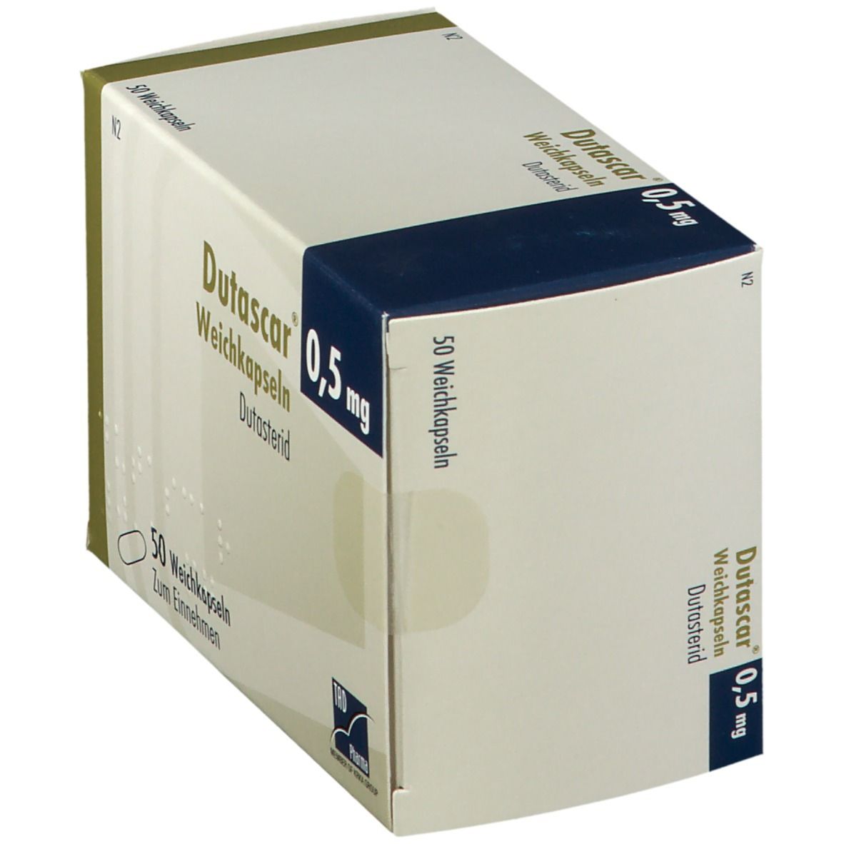 Dutascar 0,5 mg-Packung. Aufdruck: Dutascar, 0,5 mg, Weichkapseln, Dutasterid. Enthält 50 Kapseln. Mit TRD Pharma-Logo.