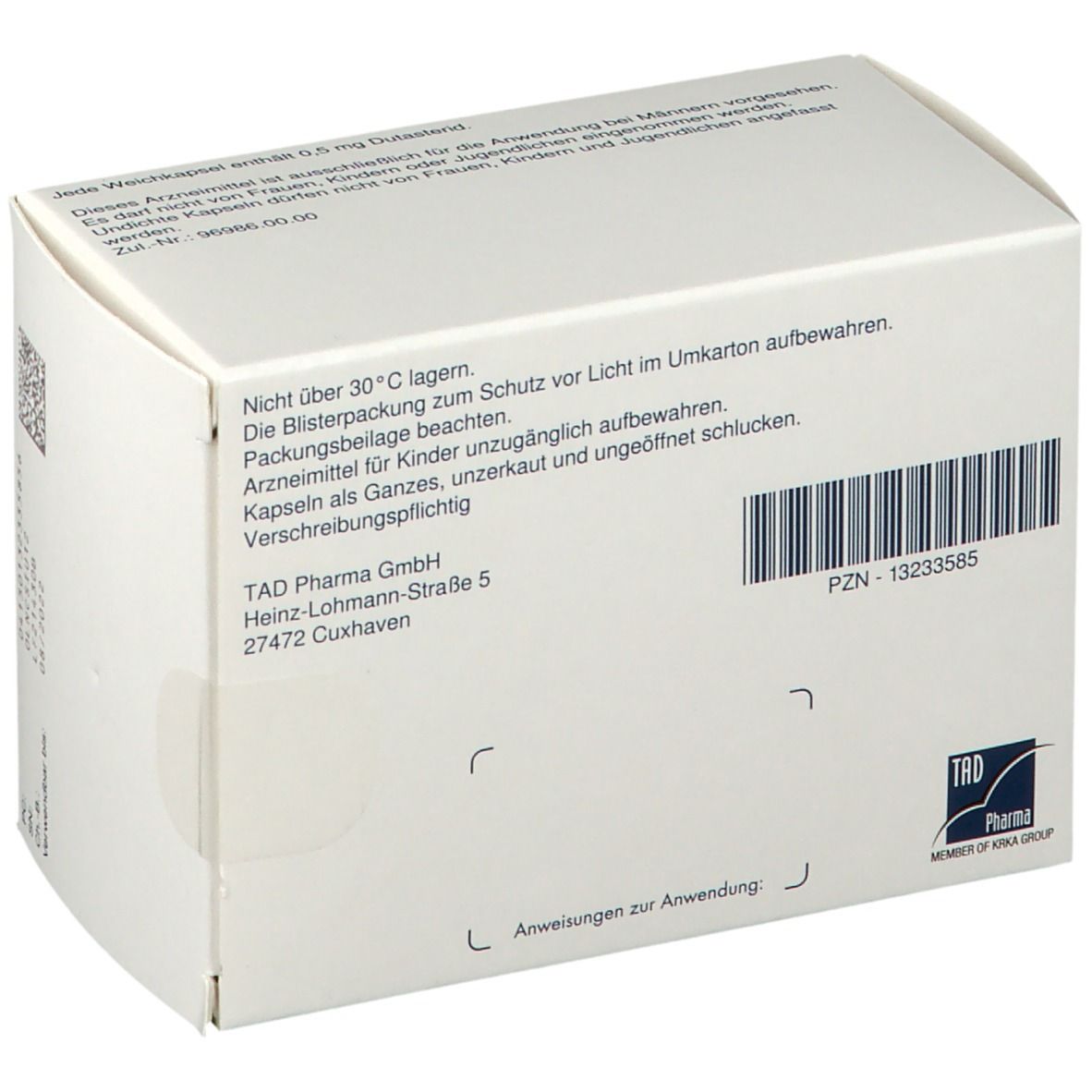 Rückseite der Dutascar 0,5 mg-Packung. Enthält Informationen wie PZN, Herstelleradresse und Warnhinweise. Mit Barcode.