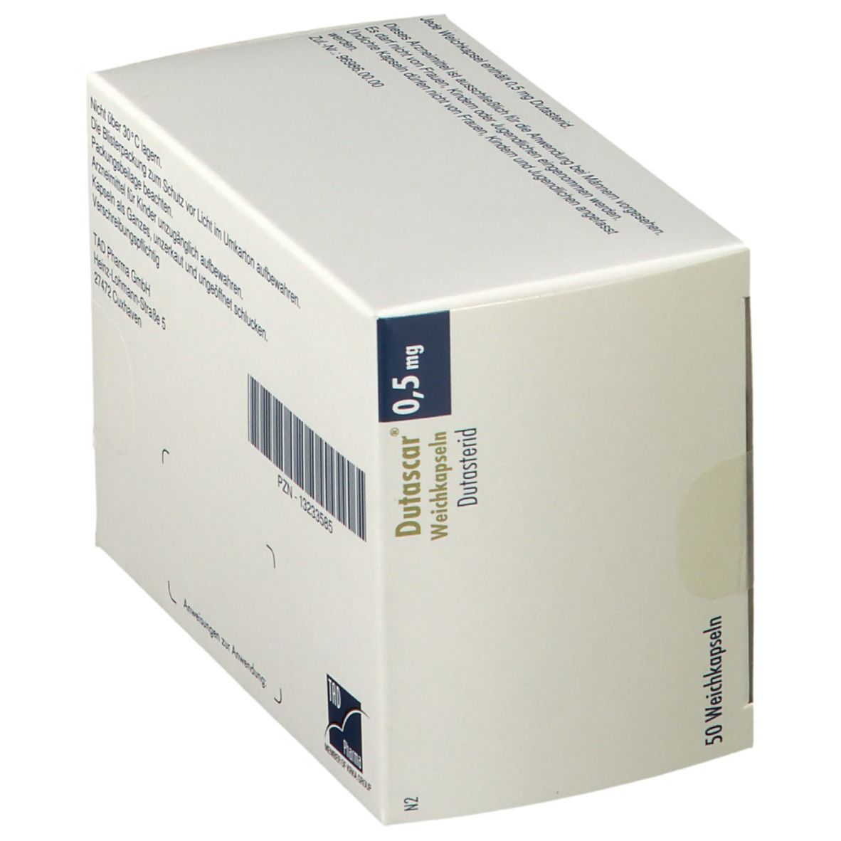 Dutascar 0,5 mg-Packung. Aufdruck: Dutascar, 0,5 mg, Weichkapseln, Dutasterid. Enthält 50 Kapseln. Mit Barcode.