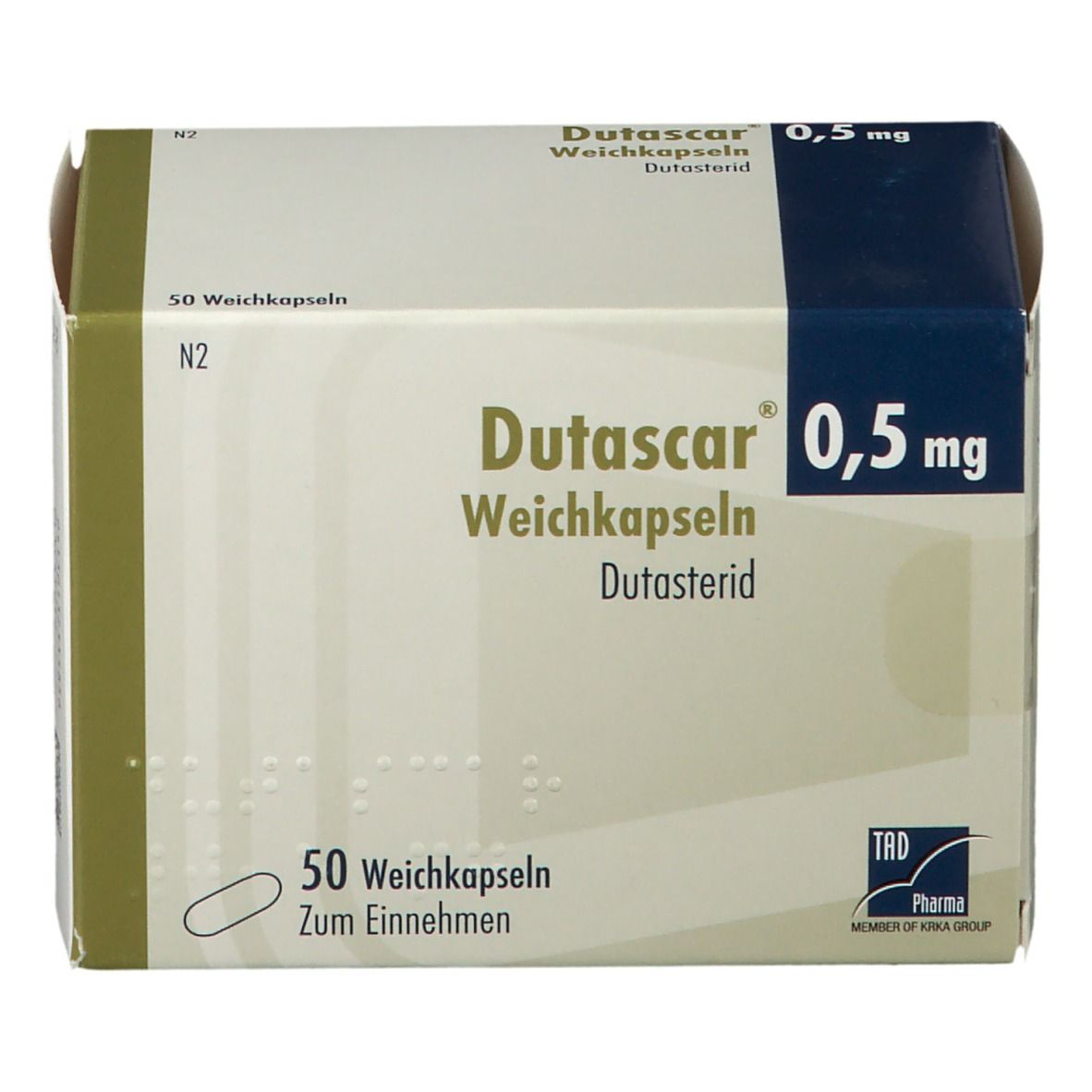 Dutascar 0,5 mg-Packung. Aufdruck: Dutascar, 0,5 mg, Weichkapseln, Dutasterid. Enthält 50 Kapseln. Mit TRD Pharma-Logo.