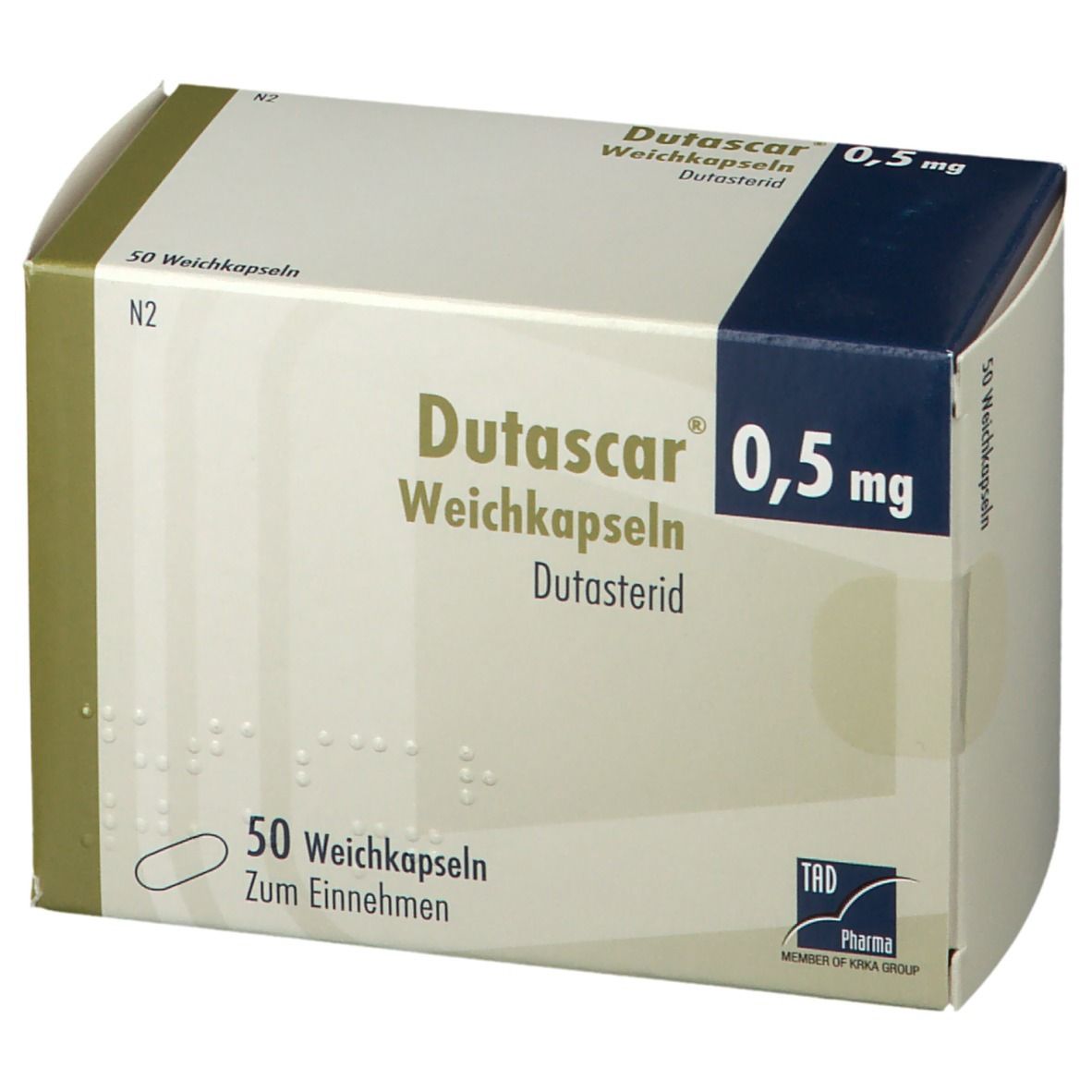 Dutascar 0,5 mg-Packung. Aufdruck: Dutascar, 0,5 mg, Weichkapseln, Dutasterid. Enthält 50 Kapseln. Mit TRD Pharma-Logo.