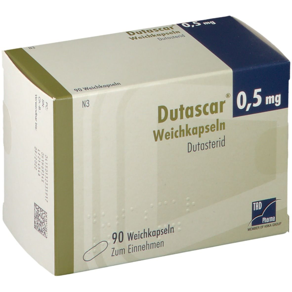 Dutascar 0,5 mg-Packung. Weiße Schachtel mit blauer Ecke. Beschriftung: 90 Weichkapseln, Dutascar, 0,5 mg, Dutascarid.