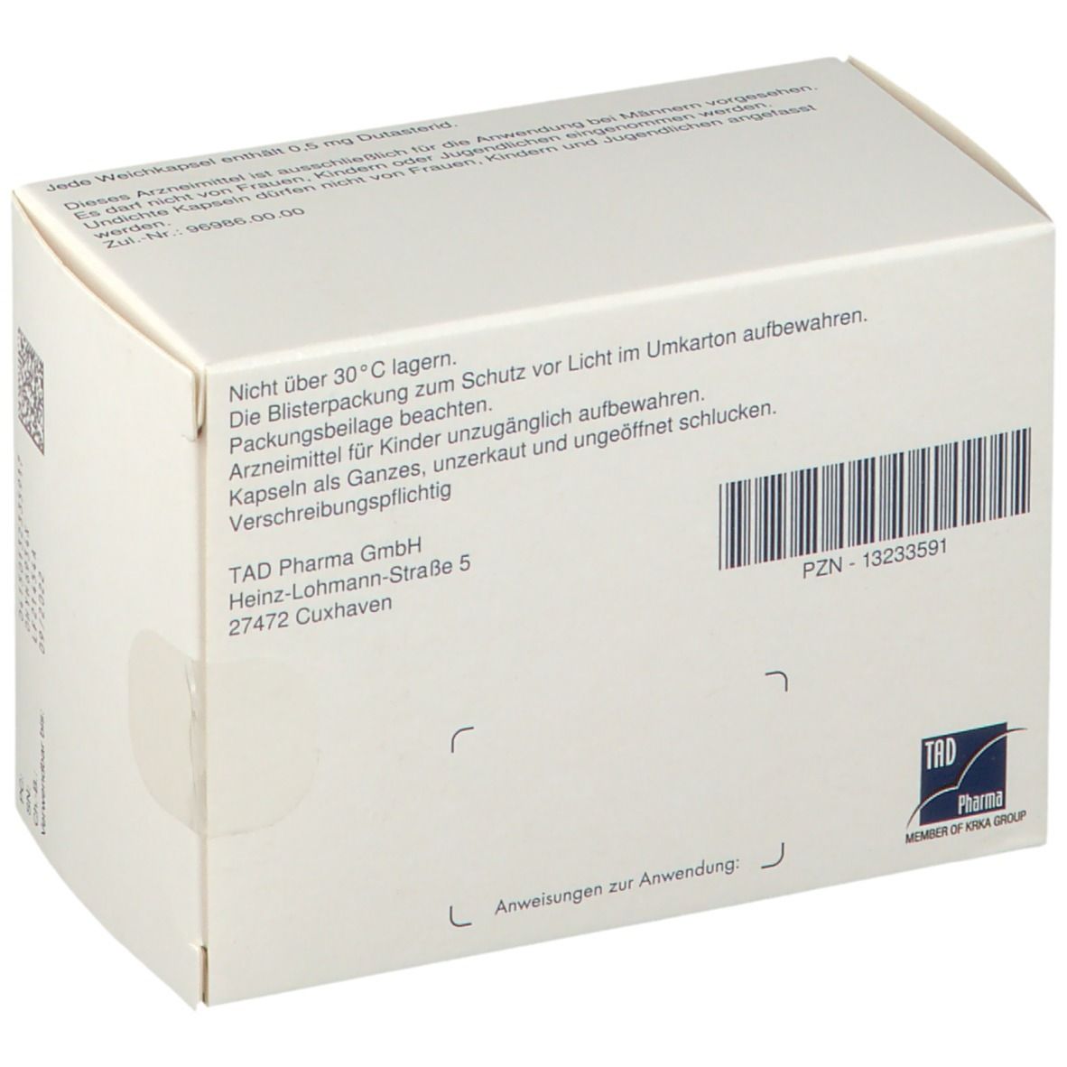 Rückseite der Dutascar 0,5 mg-Packung. Weiße Schachtel mit Barcode und Text. Herstelleradresse: TAD Pharma GmbH.