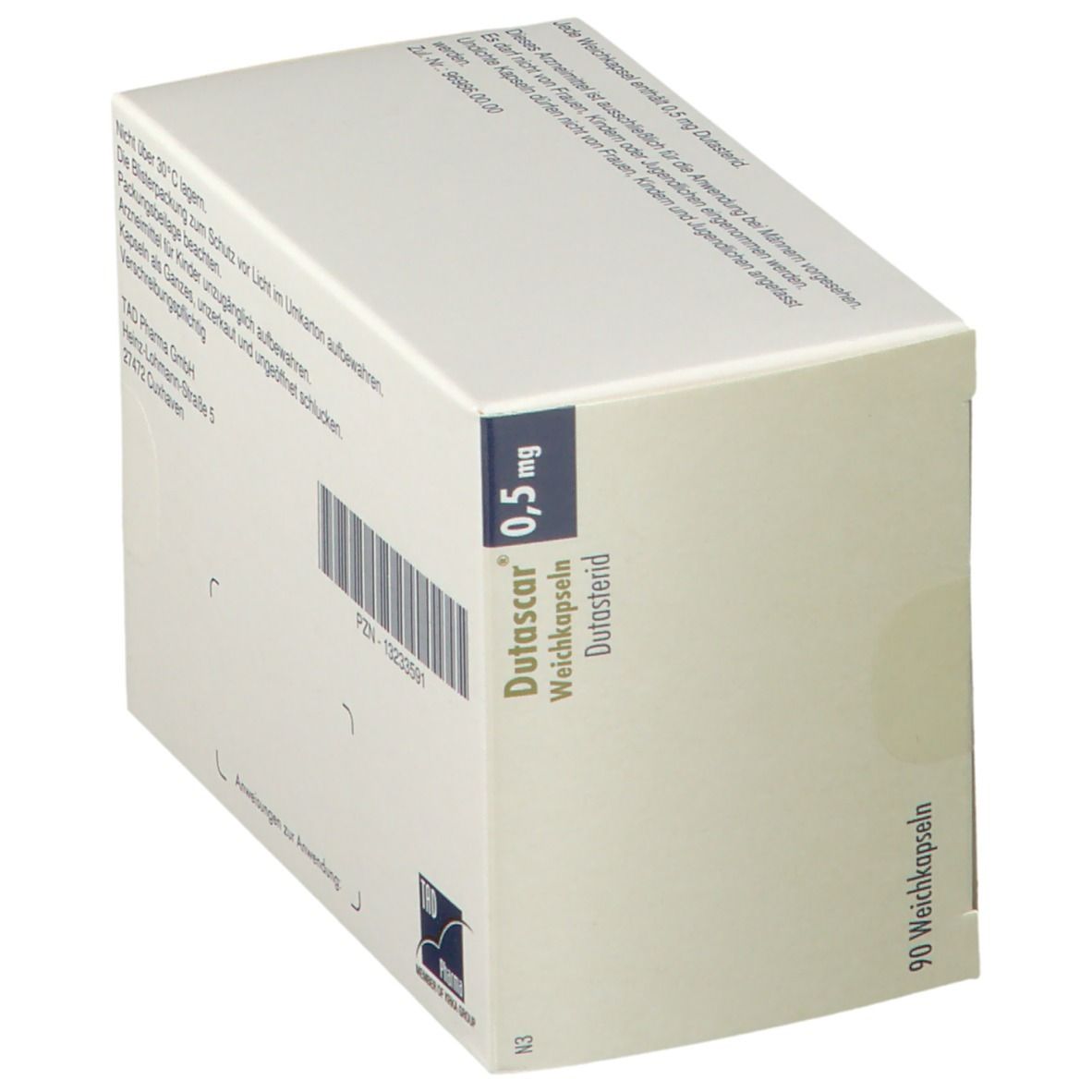 Rückseite der Dutascar 0,5 mg-Packung. Weiße Schachtel mit Barcode und Text. Beschriftung: 0,5 mg, 90 Weichkapseln.