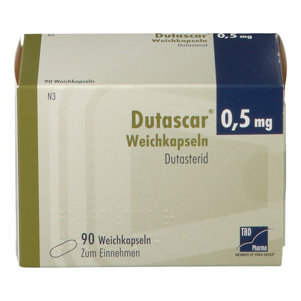 Dutascar 0,5 mg-Packung. Weiße Schachtel mit blauer Ecke. Beschriftung: 90 Weichkapseln, Dutascar, 0,5 mg, Dutascarid.