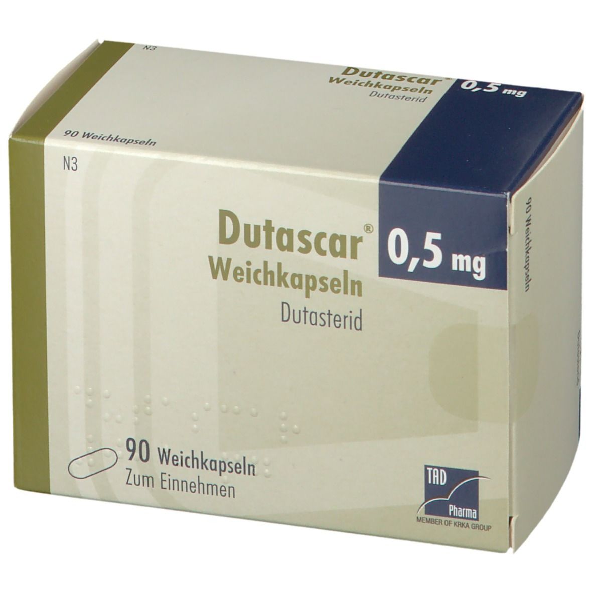 Dutascar 0,5 mg-Packung. Weiße Schachtel mit blauer Ecke. Beschriftung: 90 Weichkapseln, Dutascar, 0,5 mg, Dutascarid.