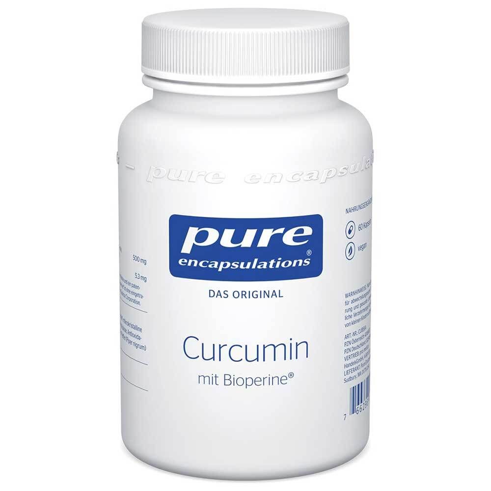Weiße Flasche mit blauem Etikett. Beschriftung: Pure Encapsulations Curcumin mit Bioperine. Deckel oben.
