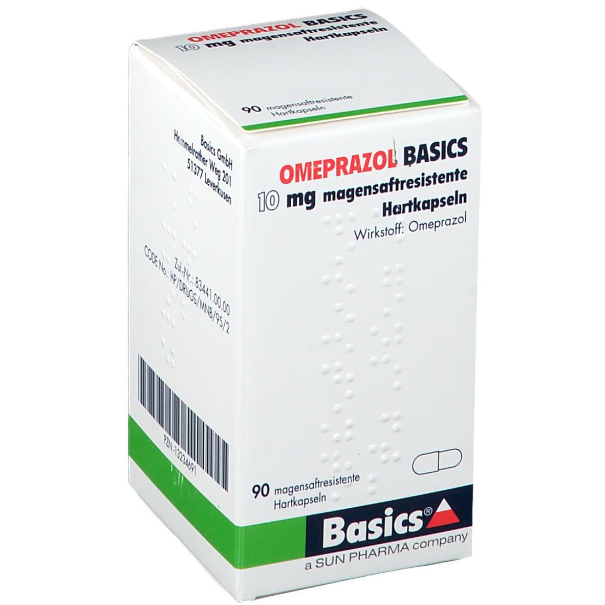 Weißer Karton mit grünen Akzenten. OMEPRAZOL BASICS 10 mg, magensaftresistente Hartkapseln. 90 Kapseln. Basics Logo.
