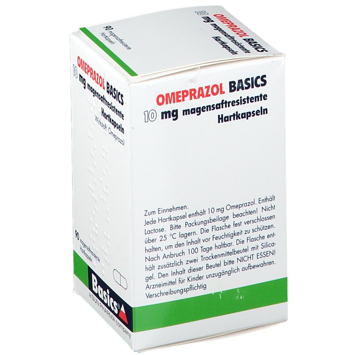 Weißer Karton mit grünen Akzenten. OMEPRAZOL BASICS 10 mg, magensaftresistente Hartkapseln. 90 Kapseln. Basics Logo.