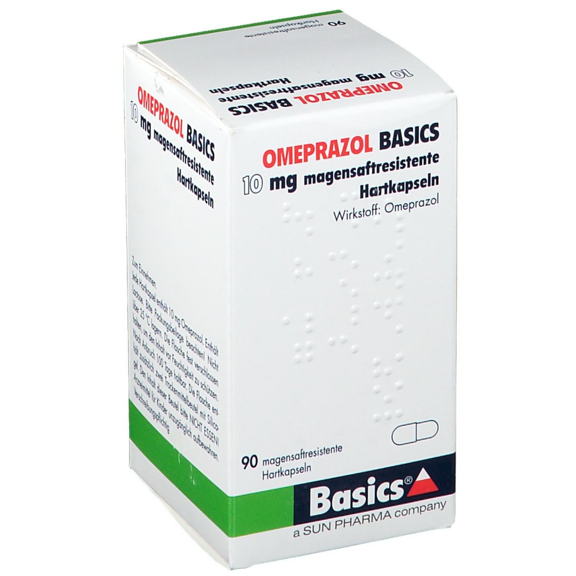 Weißer Karton mit grünen Akzenten. OMEPRAZOL BASICS 10 mg, magensaftresistente Hartkapseln. 90 Kapseln. Basics Logo.