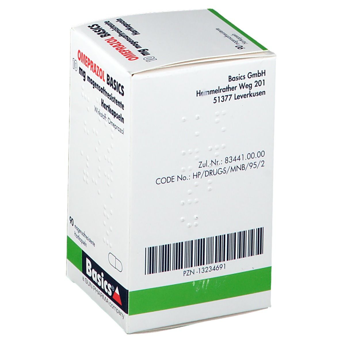 Weißer Karton mit grünen Akzenten. OMEPRAZOL BASICS 10 mg, magensaftresistente Hartkapseln. 90 Kapseln. Basics Logo.