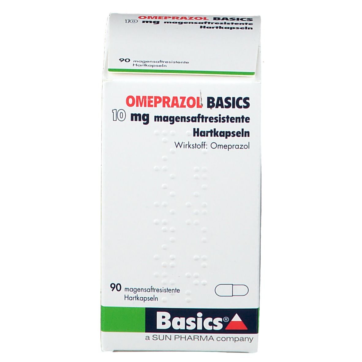 Weißer Karton mit grünen Akzenten. OMEPRAZOL BASICS 10 mg, magensaftresistente Hartkapseln. 90 Kapseln. Basics Logo.