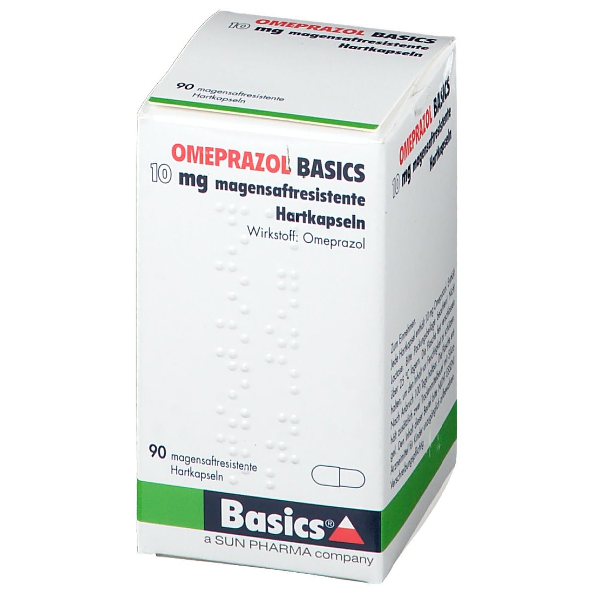 Weißer Karton mit grünen Akzenten. OMEPRAZOL BASICS 10 mg, magensaftresistente Hartkapseln. 90 Kapseln. Basics Logo.